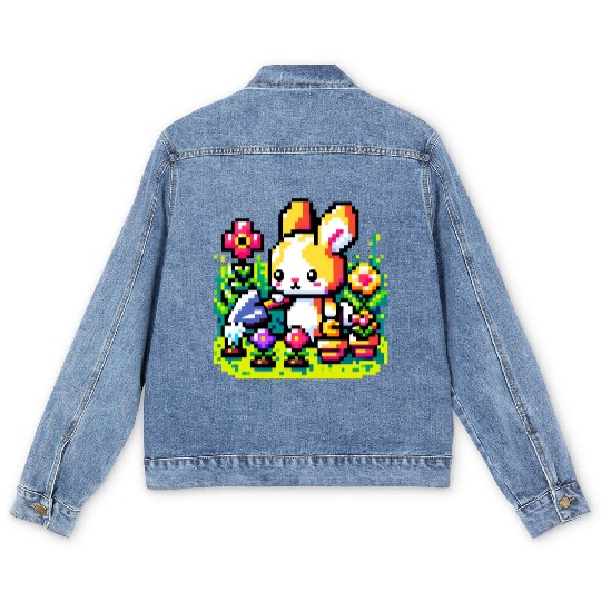 8-Bit Bunny Gardener: Retro Digital Garden Scene Men's Denim Jackets