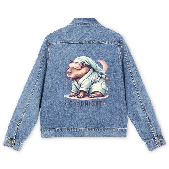 Sleepy Capybara in Comfy Pajamas Men's Denim Jackets