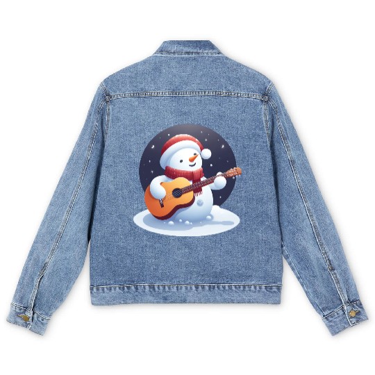 Snowman guitar in moonlight Men's Denim Jackets