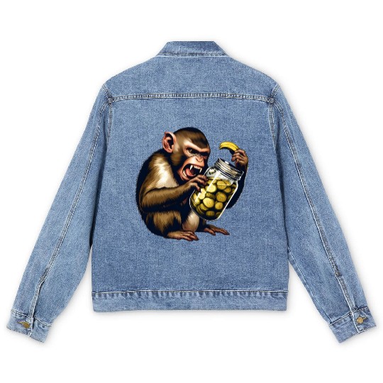 Angry monkey with cucumber jar Men's Denim Jackets