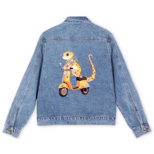 Leopard Gecko on Scooter Funny Lizard Biker Moped Men's Denim Jackets