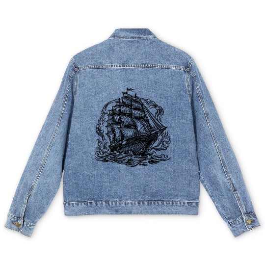 Old Cruise Ship Elegant Sailing Ship Men's Denim Jackets
