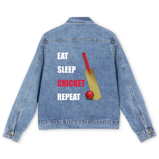 Eat Sleep Cricket Repeat Red and White Text Men's Denim Jackets
