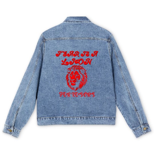 Defeating Fear with Courageous Lion Graphic. Men's Denim Jackets