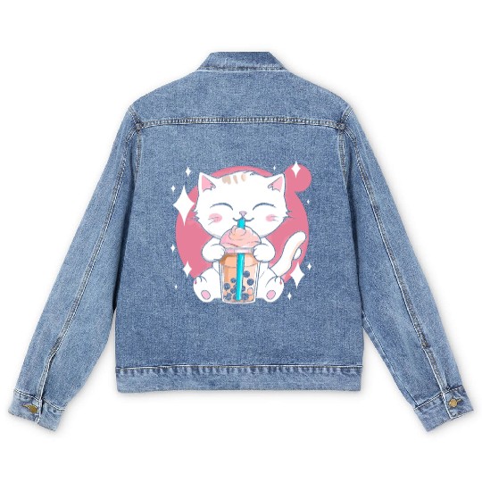 Kawaii Bubble Tea Cat Boba Milk Men's Denim Jackets