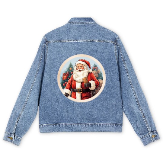 3D christmassticker circle Santa Claus Men's Denim Jackets