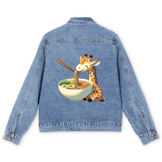 Cute Giraffe Eats Ramen Noodles Giraffe Ramen Men's Denim Jackets