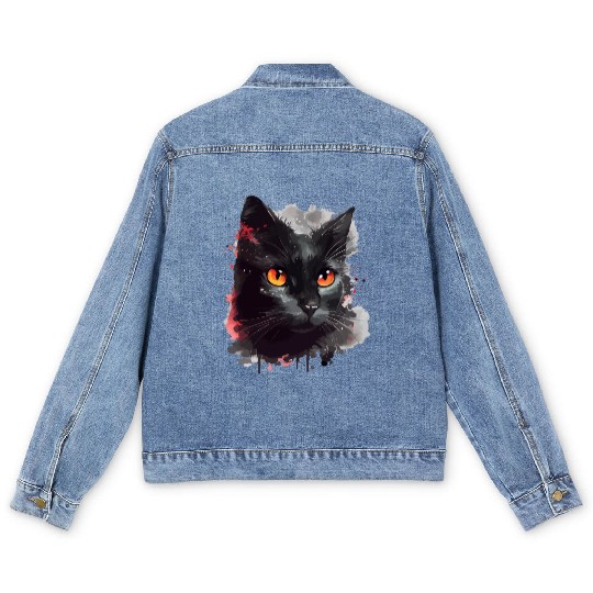 Black Cat Japanese Watercolor Mystery Gaze Men's Denim Jackets