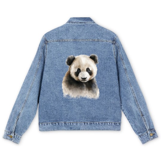 Panda Cute Bear Watercolor Painting Portrait Men's Denim Jackets