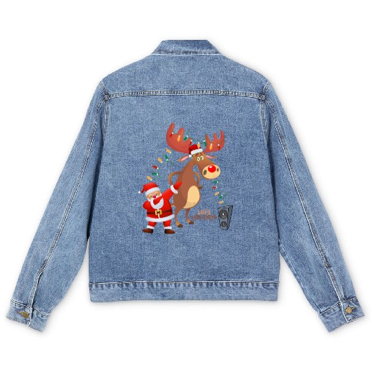 Christmas Lights Dabbing Santa Dancing Rudolph Men's Denim Jackets