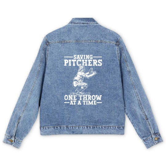 Baseball Catcher Saving Pitchers Men's Denim Jackets