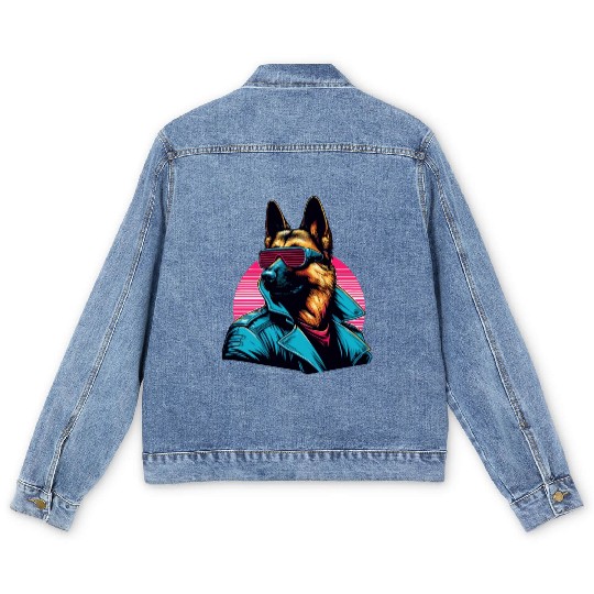 Funny trendy german shepherd cyber retro portrait Men's Denim Jackets
