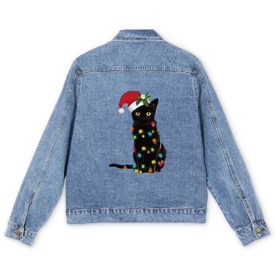 Santa Black Cat Tangled Sup In Christmas Men's Denim Jackets