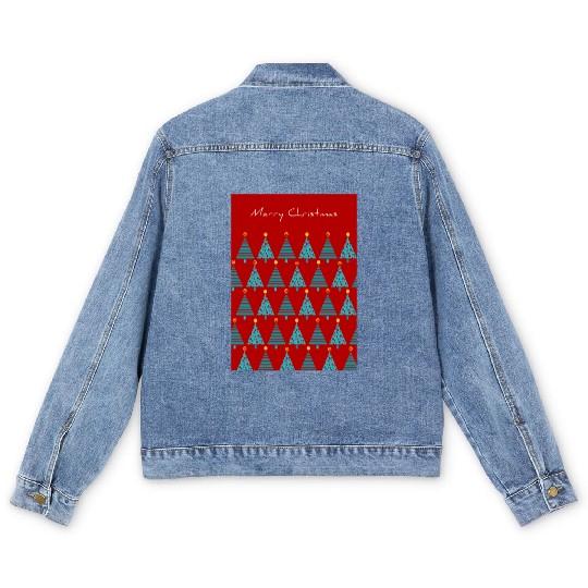 Merry Christmas Teal Christmas Trees on Red Men's Denim Jackets