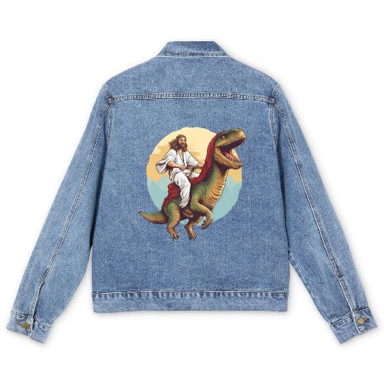 Jesus Riding a Dinosaur Meme Dino Lover Men's Denim Jackets