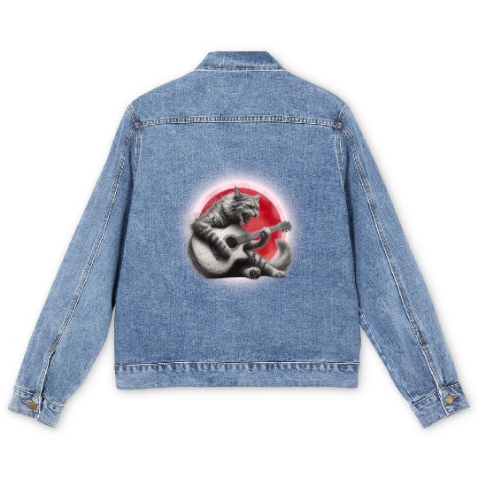 Rock Cat Playing Guitar Men's Denim Jackets under the red moon