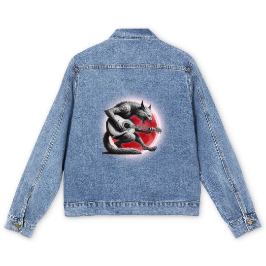 Rock Cat Playing Guitar Men's Denim Jackets under the red moon