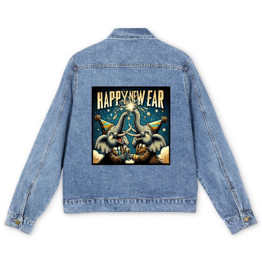 New Year's Eve Elephant Cheers with Champagne Men's Denim Jackets