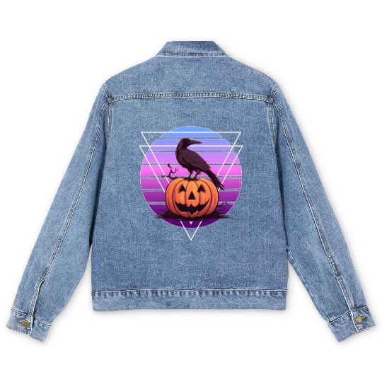 Raven Crow On Pumpkin Vaporwave Halloween Pagan Ae Men's Denim Jackets