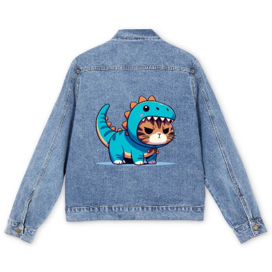 Grumpy Cat in Velociraptor Costume Men's Denim Jackets