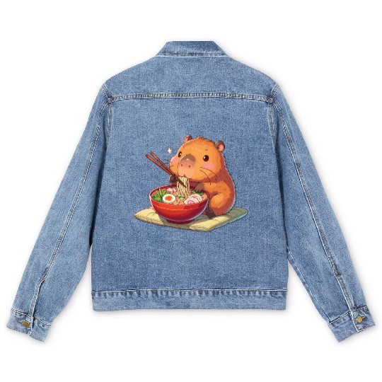 Cute Capybara Eats Ramen Noodles Capybara Ramen Men's Denim Jackets