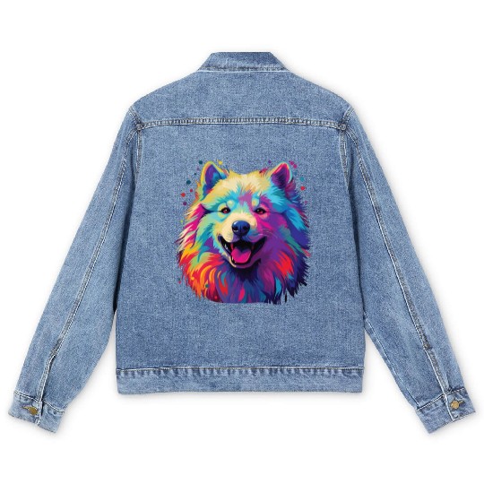 Watercolor Colorful Samoyed Men's Denim Jackets