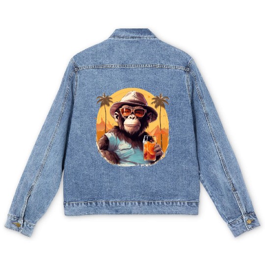 Cool Monkey With Drink Funny Animals Chimpanzee Men's Denim Jackets