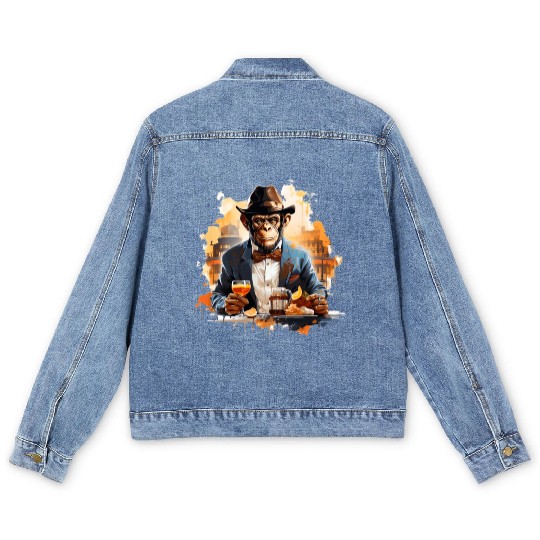 Cool Business Monkey with Drink Chimpanzee Men's Denim Jackets