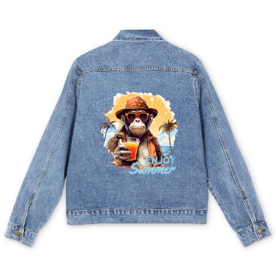 Cool Monkey With Drink Funny Animals Chimpanzee Men's Denim Jackets
