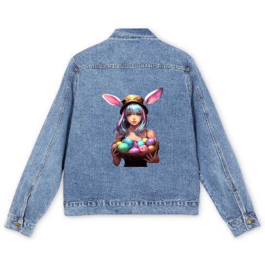Easter Day Anime Girl Bunny Ear Easter Egg Hunt Men's Denim Jackets
