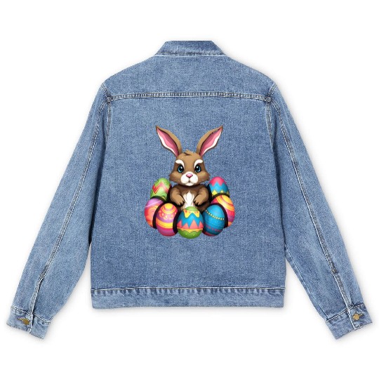 Easter Bunny Rabbit Colorful Eggs Easter Egg Hunt Men's Denim Jackets