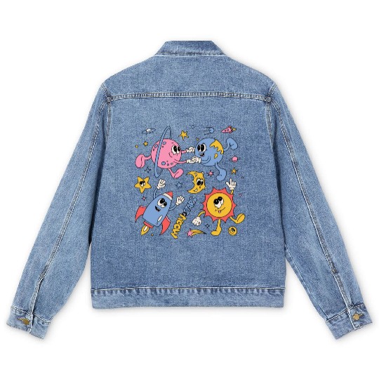 Solar System Planets Moon Sun Saturn Cute Groovy Men's Denim Jackets