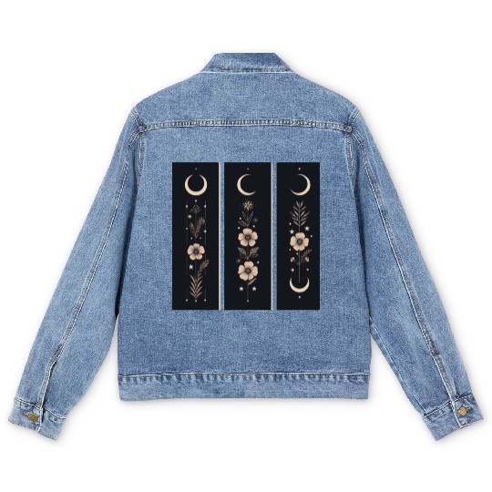 Moon phases with wild flowers and constellations Men's Denim Jackets