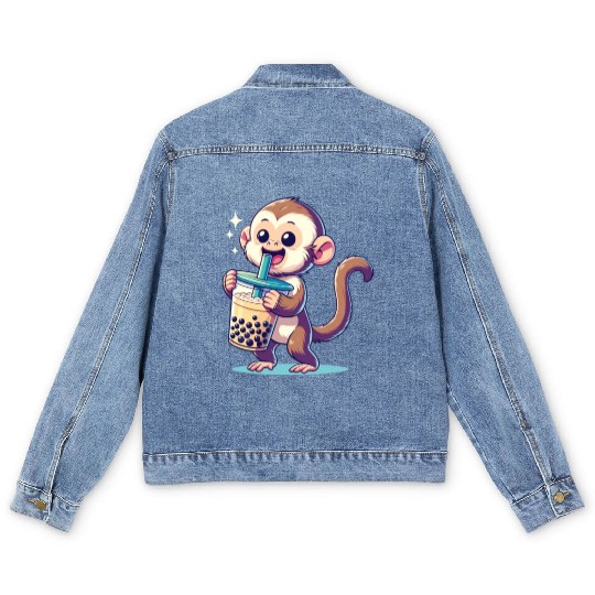 Kawaii Bubble Tea Boba Cappuccino Monkey Men's Denim Jackets