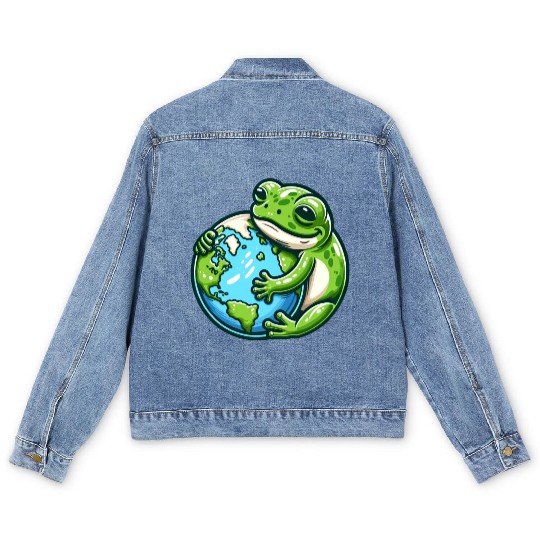 Frog Embracing Earth: Earth Day Men's Denim Jackets