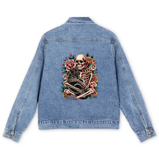Skeleton Black Cat Floral Old School Vintage Men's Denim Jackets