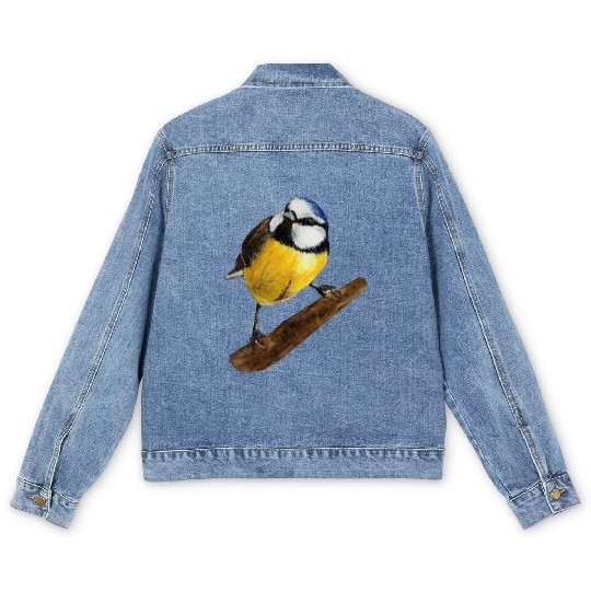 Blue tit titmouse hand painted watercolor. Men's Denim Jackets