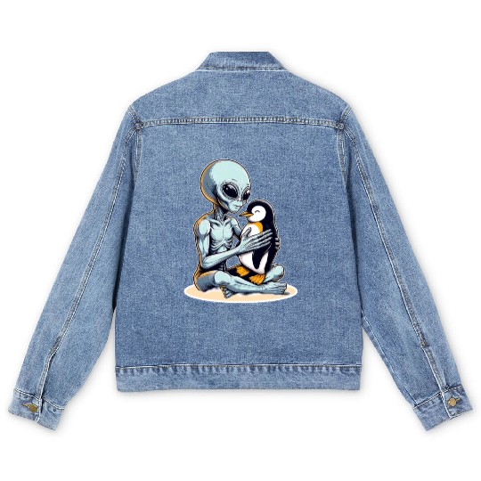 Alien Embracing Penguin Men's Denim Jackets