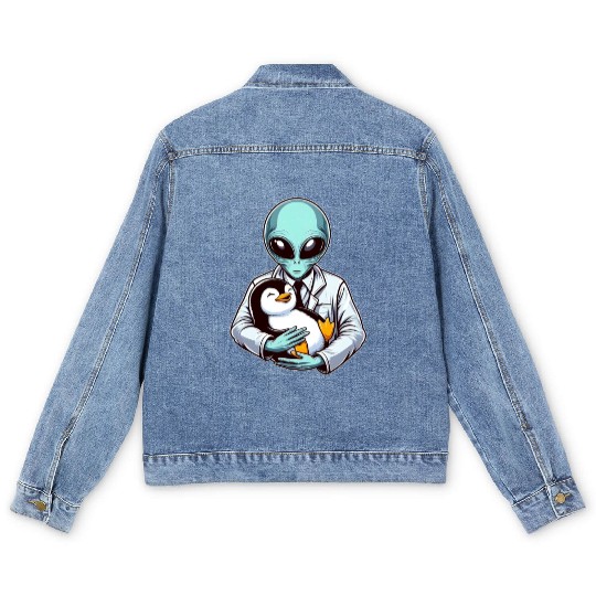 Alien Embracing Penguin Men's Denim Jackets