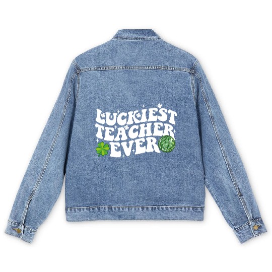 Luckiest Teacher Ever Disco Ball Shamrock Groovy Men's Denim Jackets