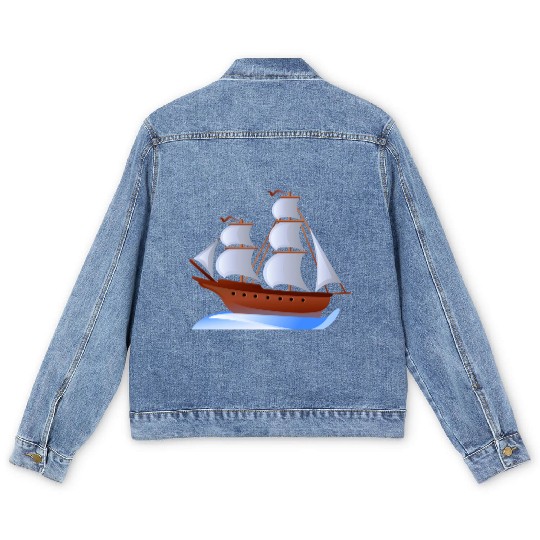 Brown and white sailboat illustration, Sailing shi Men's Denim Jackets