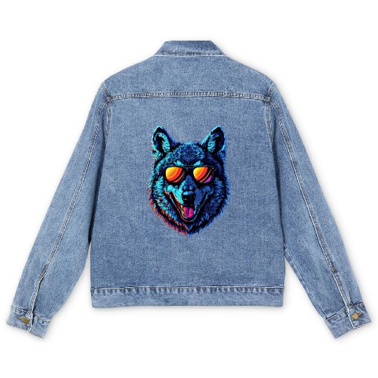 Cool Wolf Face Blue Wolf Wearing Sunglasses Men's Denim Jackets
