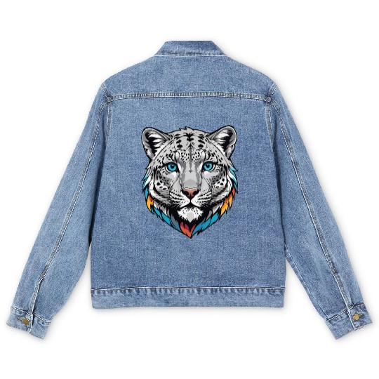 Majestic Snow Leopard Portrait - Exotic Wildlife Men's Denim Jackets