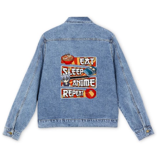 eat sleep anime repeat cute lovers obsessed Men's Denim Jackets