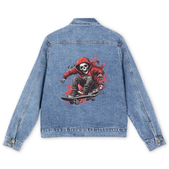 Skeleton Skull Skater Skateboarder Skateboard Men's Denim Jackets