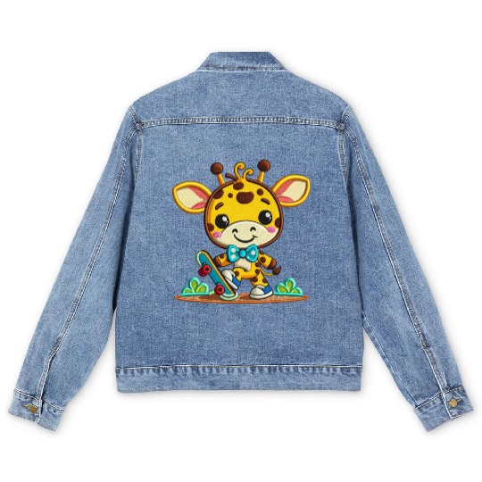 Skateboarding Giraffe Buddy Men's Denim Jackets