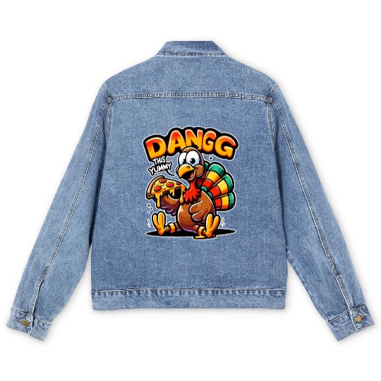 Dangg This Yummy, Cartoon Turkey Pizza Men's Denim Jackets