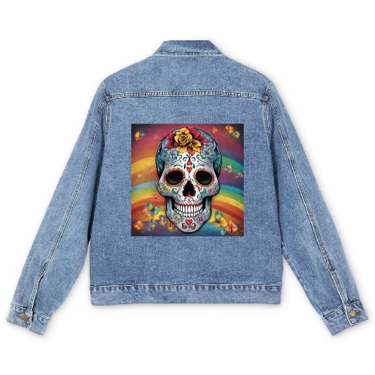 A Sugar Skull pastel colors & Rainbow Men's Denim Jackets