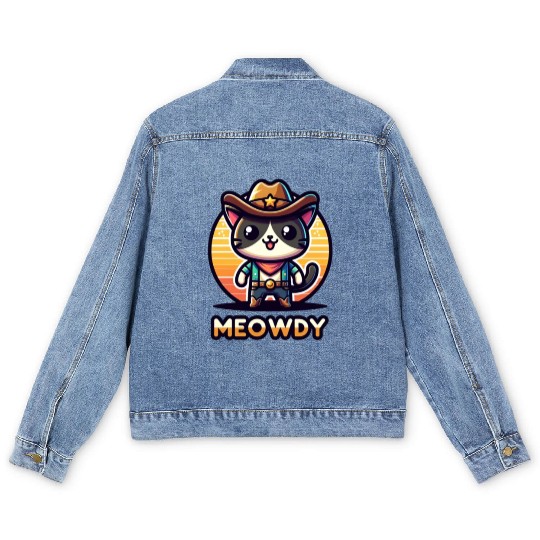 Cute Meowdy Cat Cowboy Pun Men's Denim Jackets