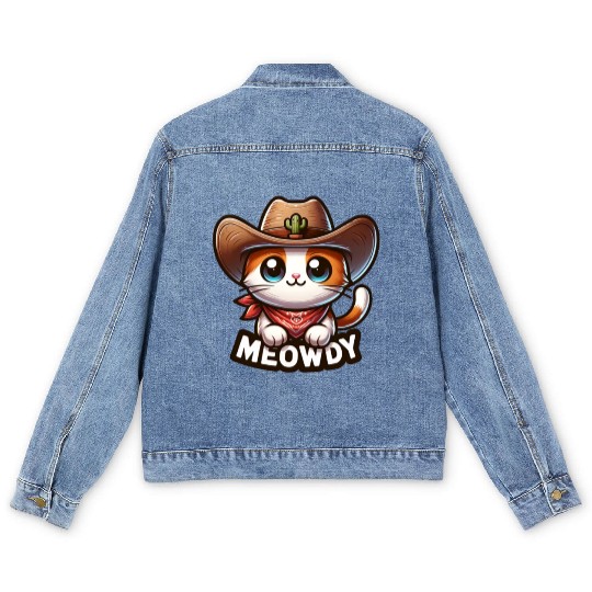Cute Meowdy Cat Cowboy Pun Men's Denim Jackets
